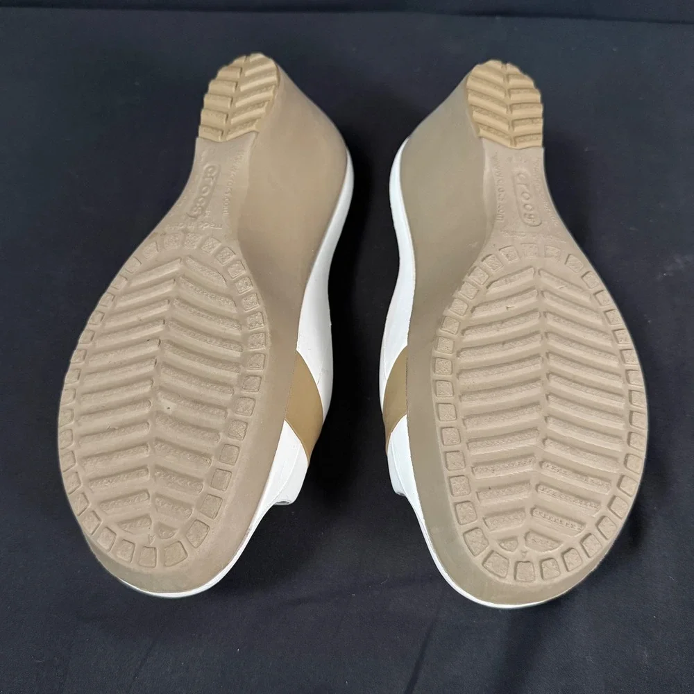 Crocs Sassari Wedge Slide Sandals Slip On Mules Heels White Tan Khaki Womens 10